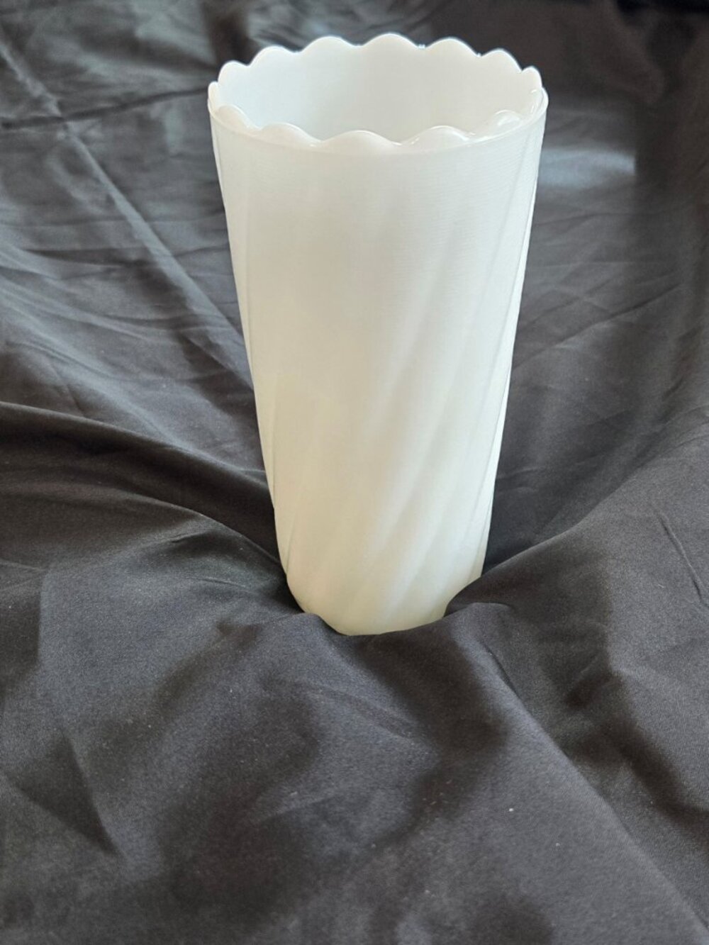 Vintage E.O. BRODY Milk Glass Vase w/ Scalloped Rim and Swirl Pattern